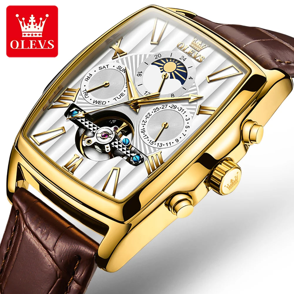 OLVES  6675  Waterproof Custom Luxury Skeleton Mens Watch Moonphase Leather Watch Classics Men Wrist Wach for Man Wrist Watch