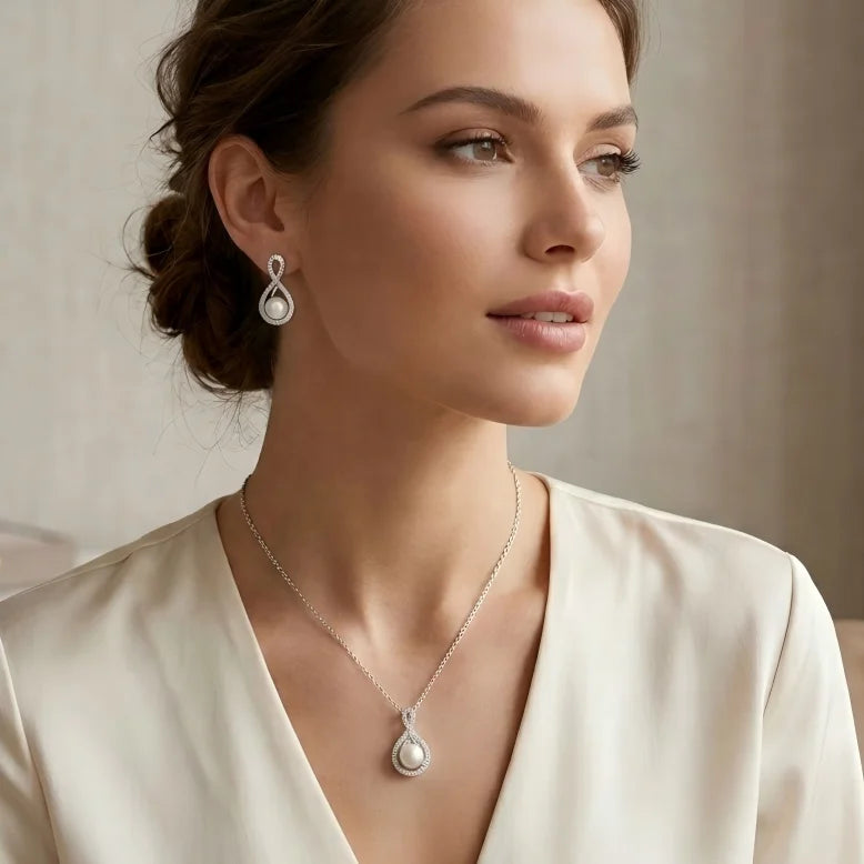 Ilona Elegant Silver Plated Copper Pearl Jewelry Set Teardrop Halo CZ Necklace Drop Earrings for Women Wedding Bridal Bridesmaid