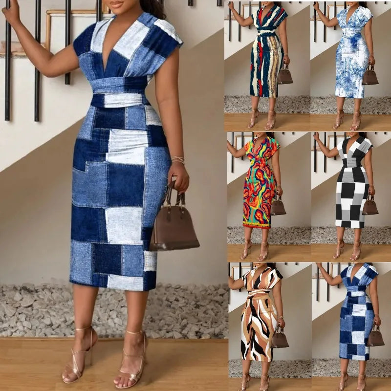 Flattering Patchwork Print V-Neck Dress Stylish Short Sleeves for Spring Summer Feminine Elegance Ideal Womens Wardrobe Addition