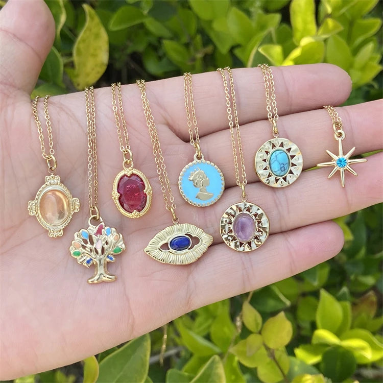 New Trendy 18K Gold Non-fading Evil Eye Family Tree Necklace Women Stainless Steel Gemstone Disc Pendant Necklace