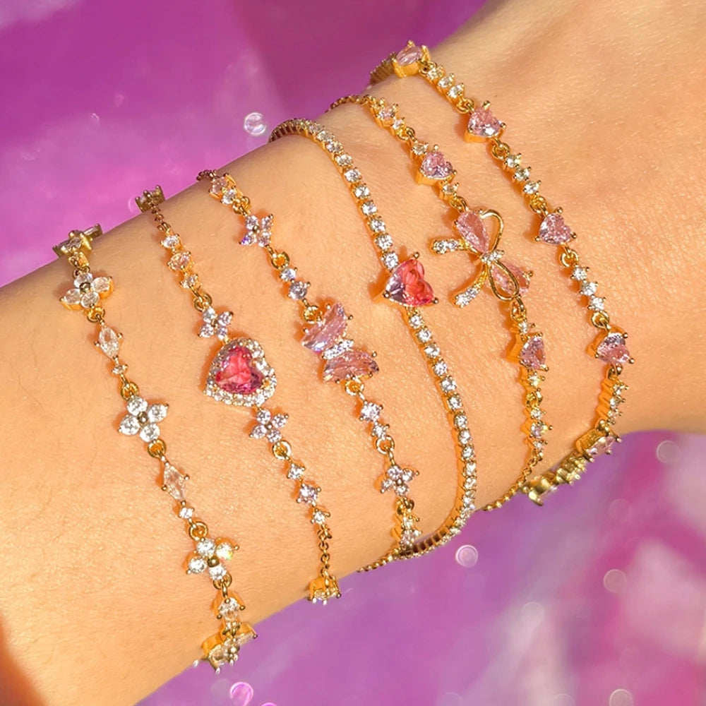 Dainty New Fashion Y2k Delicate Sweet Pink Zircon Bowknot Love Heart Chain Bracelet for Women Girls Party Birthday Jewelry Gift