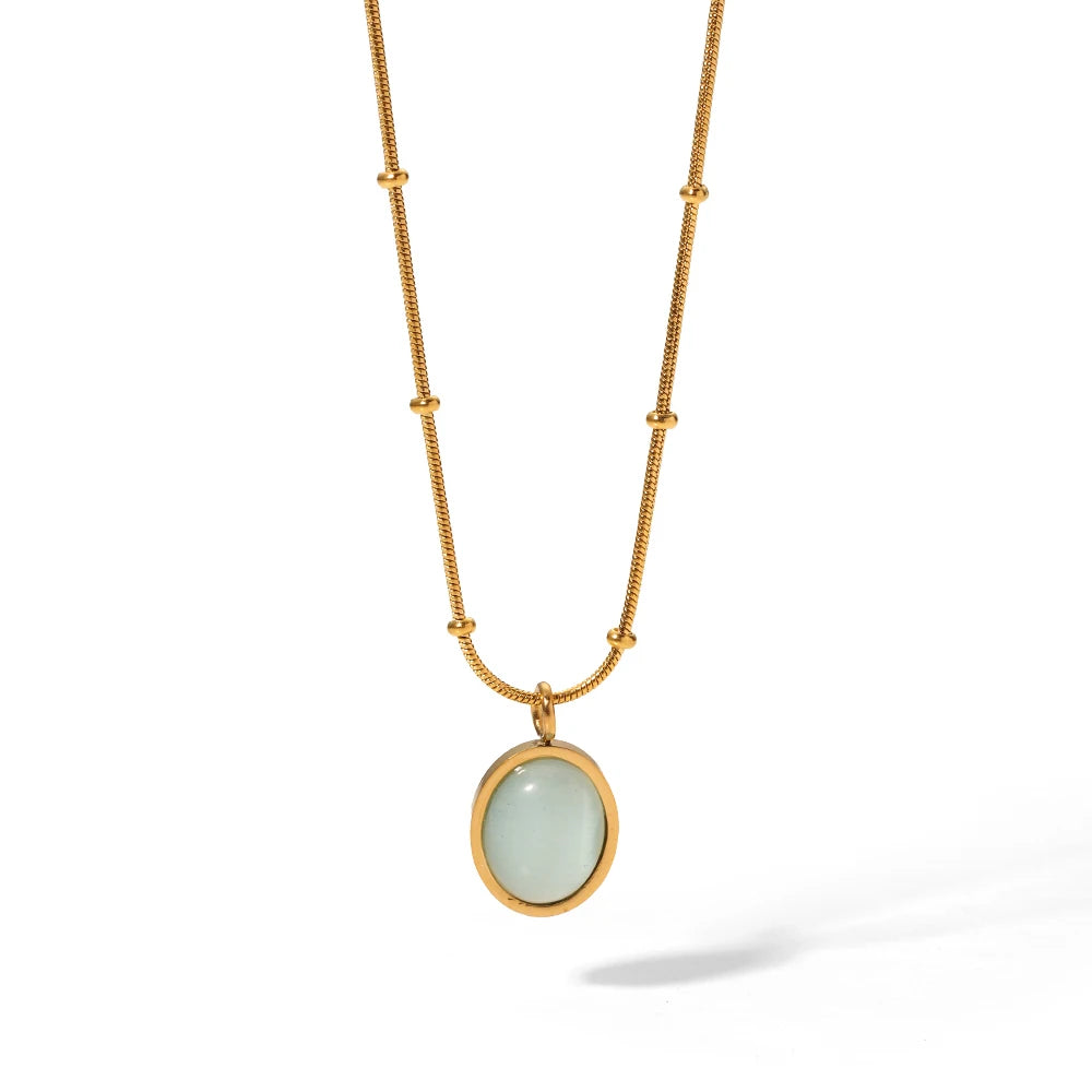 Oval Aquamarine Blue Sapphire Pendant with 18K Gold Plated Stainless Steel Link Chain Classic Style Clavicle Necklace
