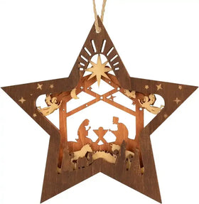 PaFu Nativity Scene Ornament Wooden Hanging Star Shaped Ornaments for Xmas Tree the Birth of Jesus Decoration