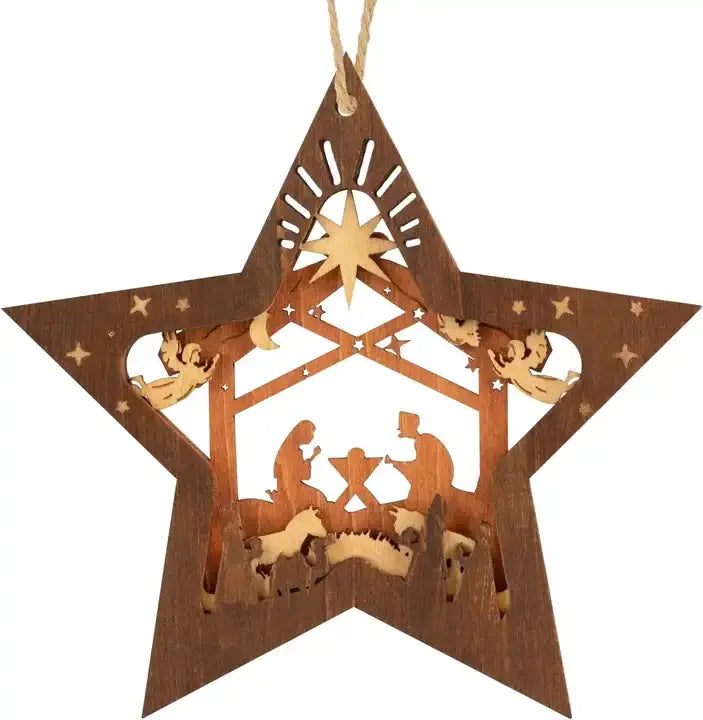 PaFu Nativity Scene Ornament Wooden Hanging Star Shaped Ornaments for Xmas Tree the Birth of Jesus Decoration