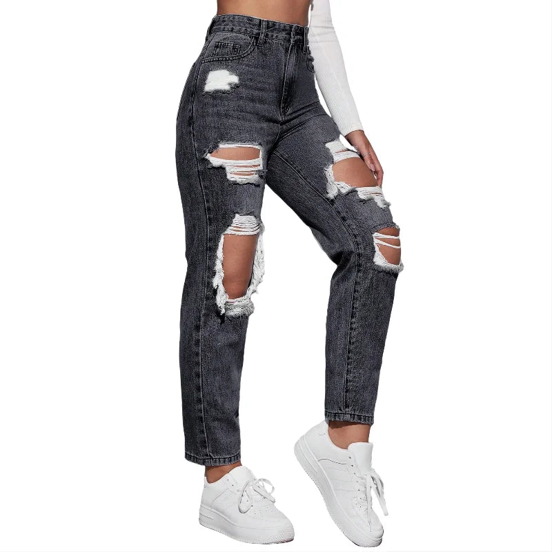 TSRA High Waist Women's Dark Gray Denim Jeans Rippled Pencil Pants Casual Streetwear Breathable Woven Fabric Washable Fabric