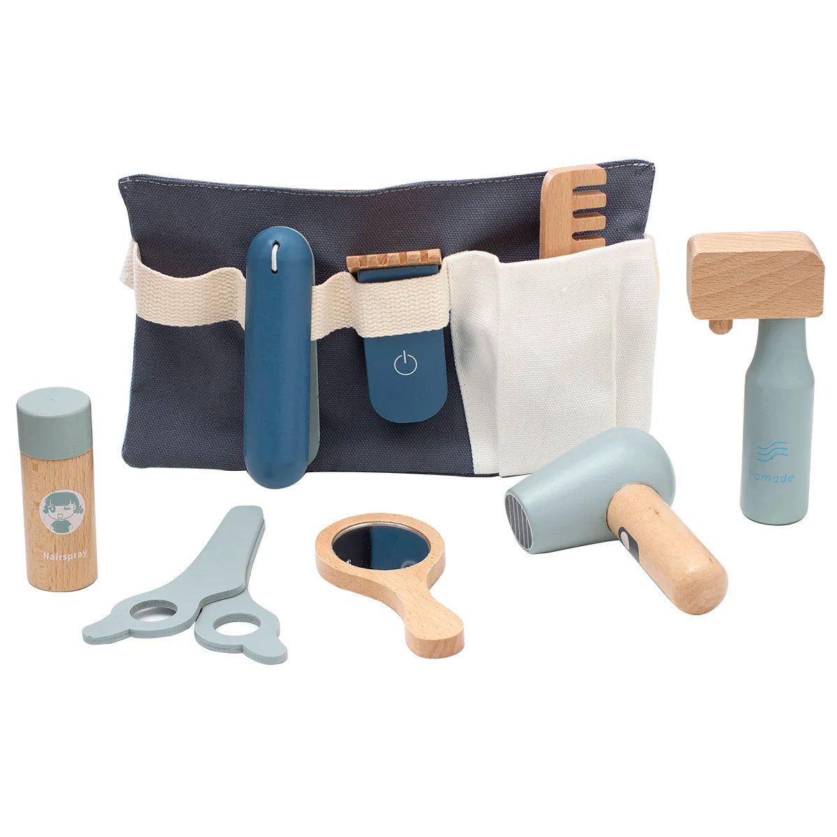 New Wooden Beauty Salon Toys Pretend Play Hairdresser Toys with Hair Dryer Styling Tools Stylist Hair Cutting Kit Party Toy