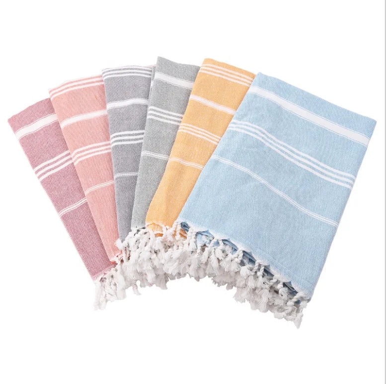 Stock Custom Yarn Dyed Soft Quick Dry Cotton Stripe Bath Towel Sand Free Turkish Beach Towel With Tassel