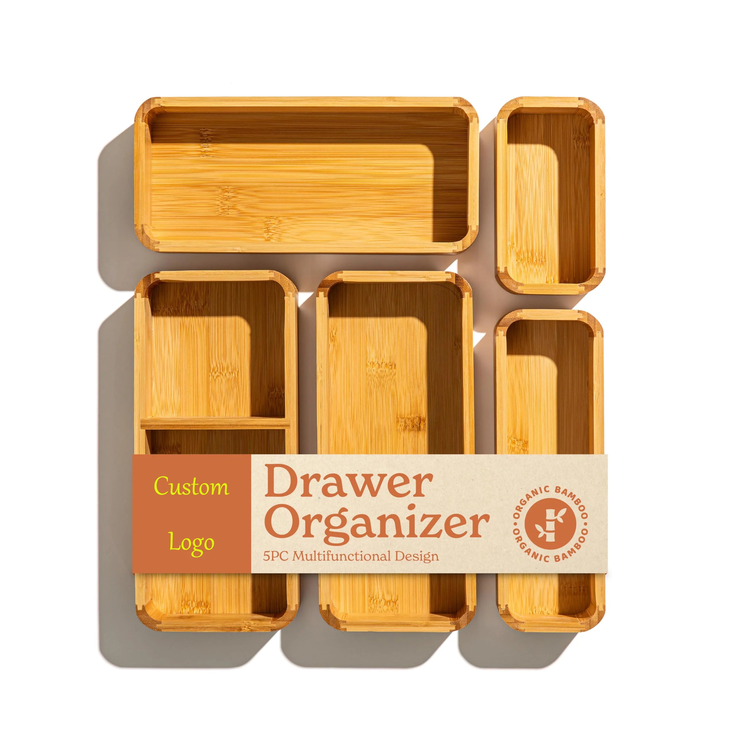 5-Piece Bamboo Drawer Organizer Set Large Small Utensils Multi-Use Storage Box for Kitchen Spice Towel Junk Jewelry Drawer Tray
