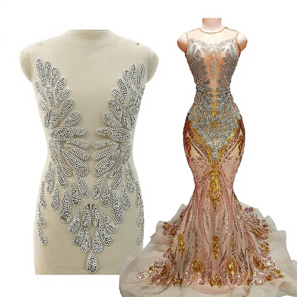 Color Graceful Silver Shiny Full Rhinestones Applique Sewing on Mesh for Bridal Wedding Party Dress WDP-129
