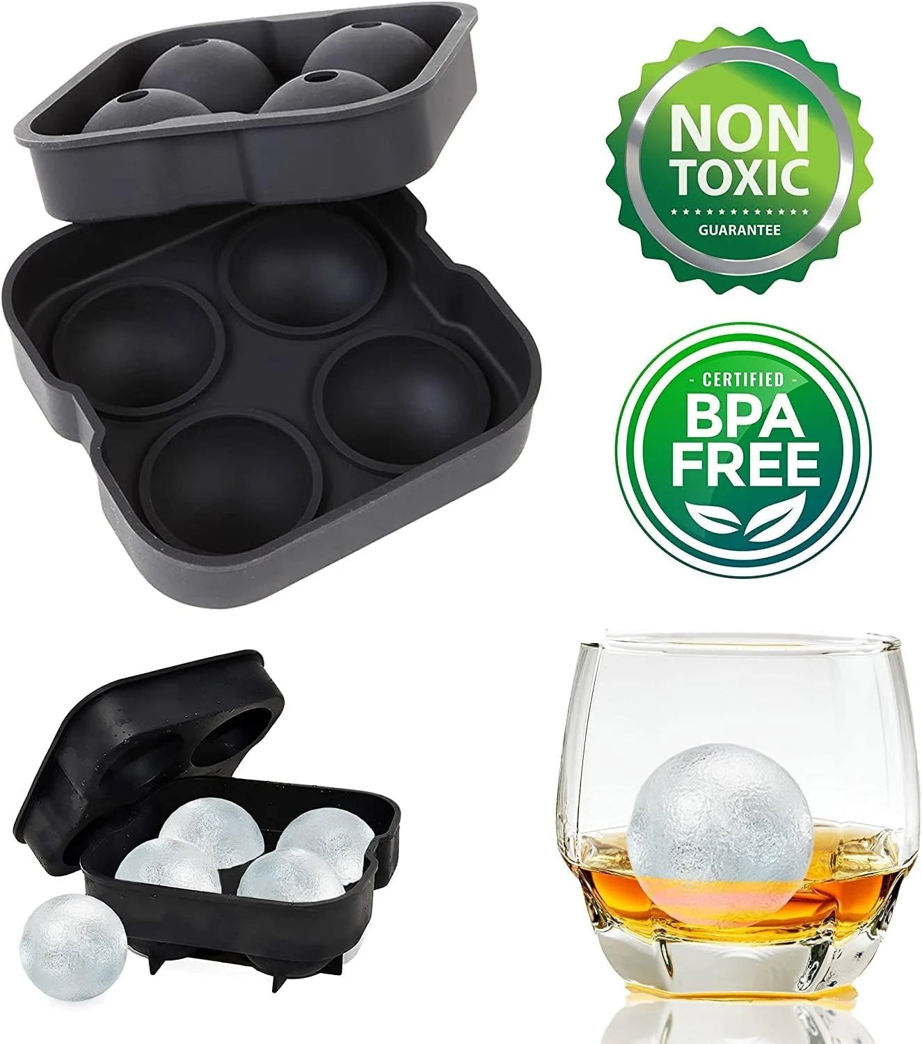 4 Ball Silicone Ice Mold Soft Easy Release Sphere Tray for Whiskey Cocktails Add Fruit for Flavored Ice BPA Free