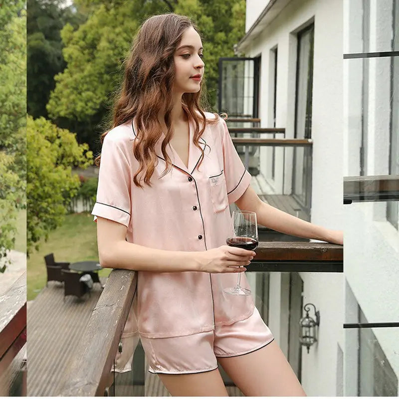 Women's 19mm Satin Silk Pajama Set Elastic Waist Short Sleeve Top and Shorts Plain Nightwear for Summer and Spring Seasons