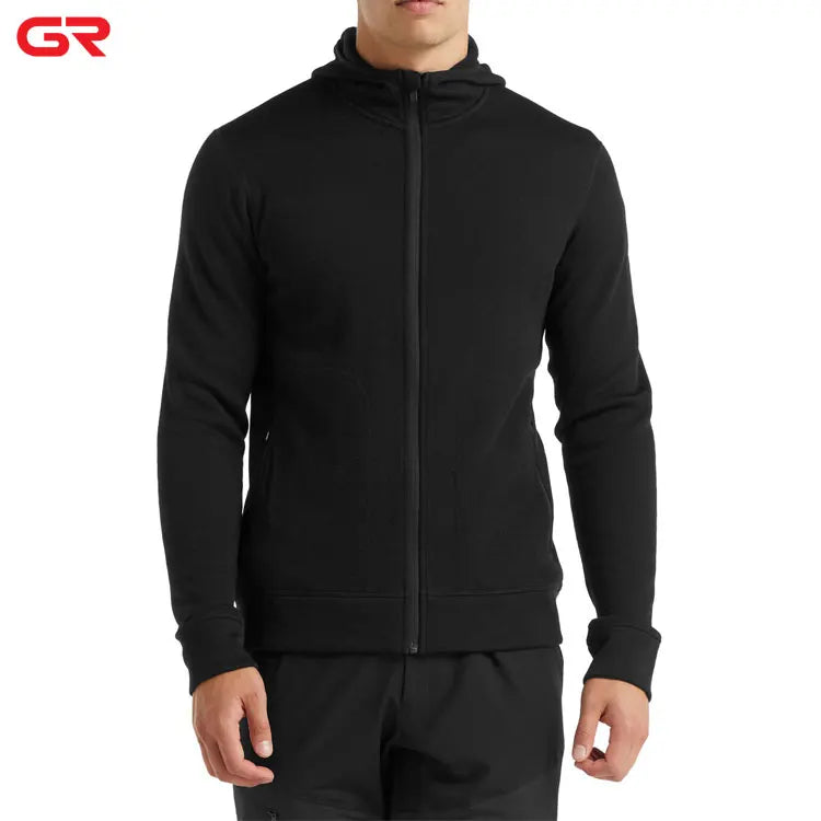 OEM Custom Plain Dyed Men's Gym Hoodie Autumn Winter Sports Zip-up Fitness Running Hood with Black Hood Outdoor Sports Gear