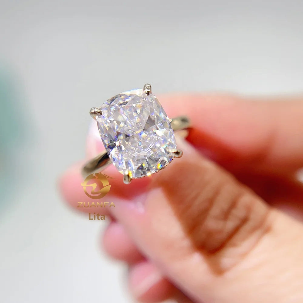 Ready to Ship Fine Jewelry Pure Yellow Gold Moissanite Diamond 5 Carat Long Cushion Engagement Ring