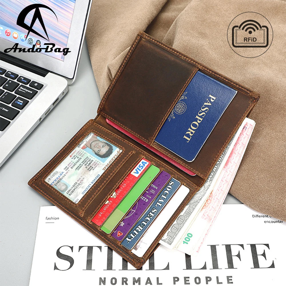AndoBag Genuine Cowhide Passport Holder for Men Vintage RFID Wallet Crazy Horse Leather Certificate Bags Money Clip