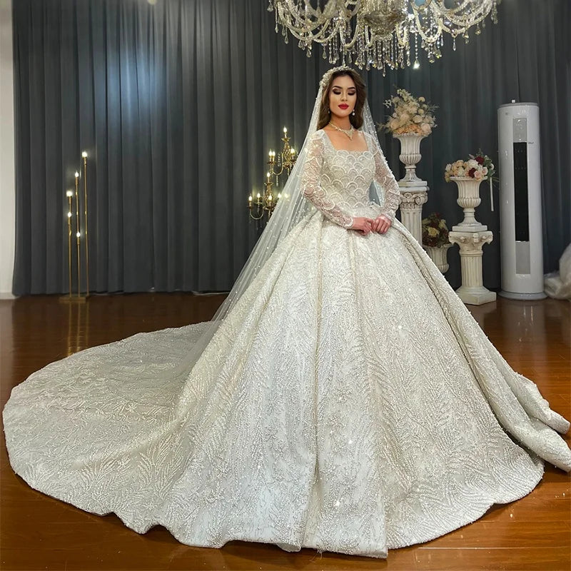 Jancember NS4275 Luxury Long Tail Square Collar Bridal Gowns Dresses Women Wedding