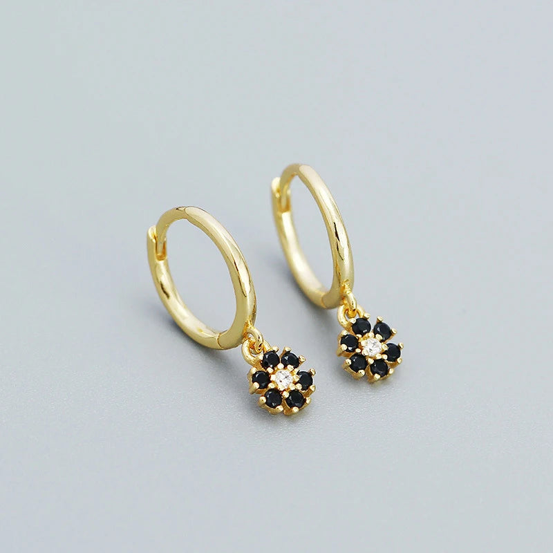 Romantic Black Zircon Flower Wedding Jewelry for Women Gold-Plated 925 Sterling Silver Floral Pendant Earrings Gift