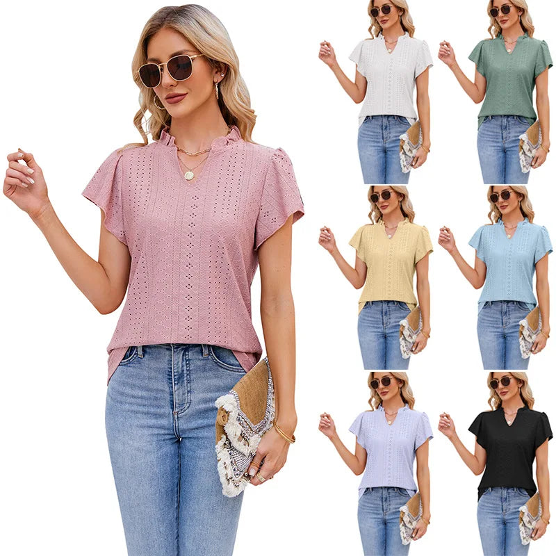 S-XXL Spring and Summer European and American Women's New Jacquard V-neck Ruffle Short Sleeve T-shirt Casual Top