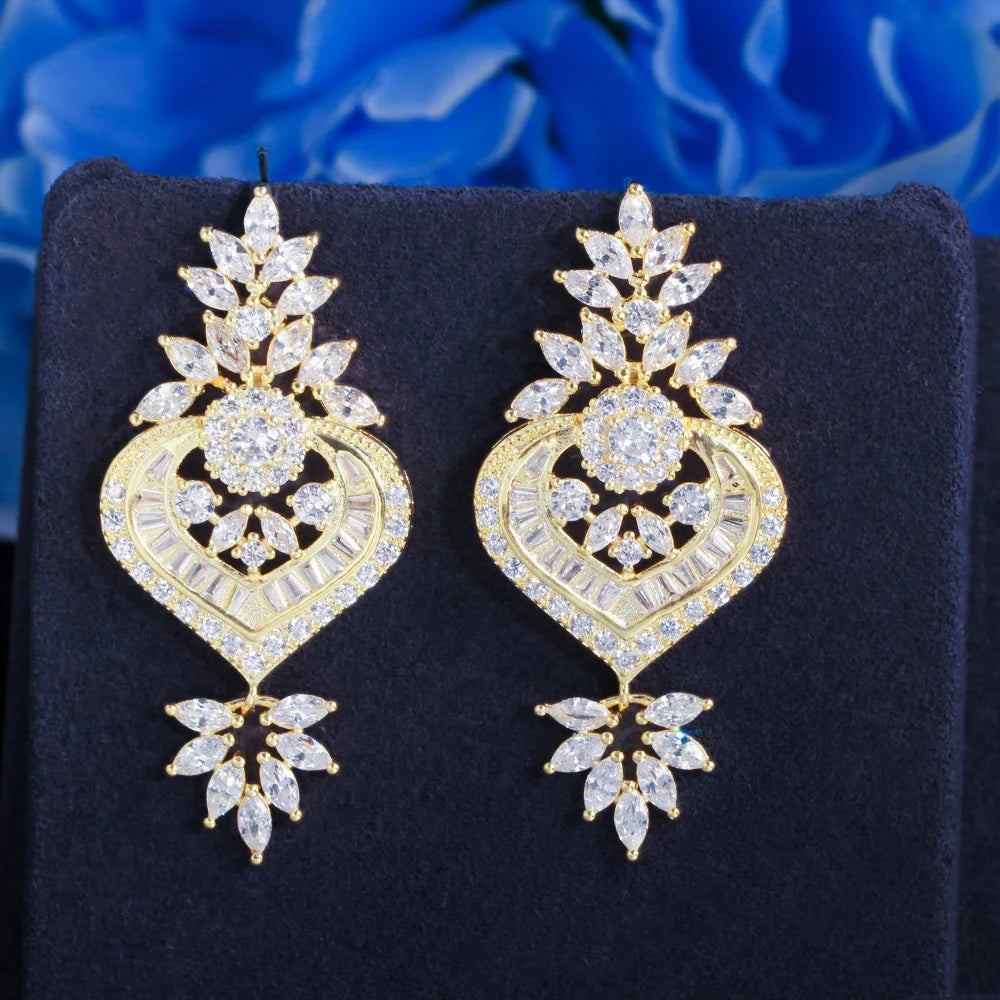Elegant American European Royal Design White Cubic Zirconia Long Dangle Drop Chandelier Bridal Wedding Earrings Jewelry