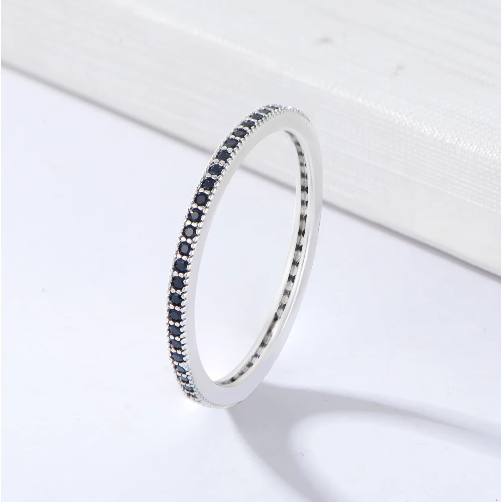 New Black Zircon Classic Promise Wedding Ring 925 Sterling Silver Luxury Jewelry Women Trendy Channel Set Geometric Eternal Band