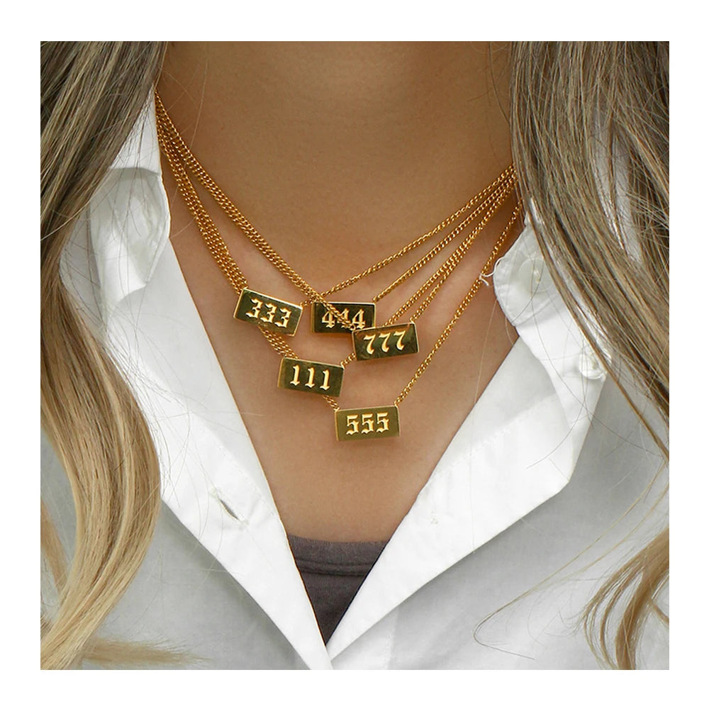 Top Quality Stainless Waterproof 18k Gold Plated Square 111- 999 Angel Number Charm  Necklace for Women
