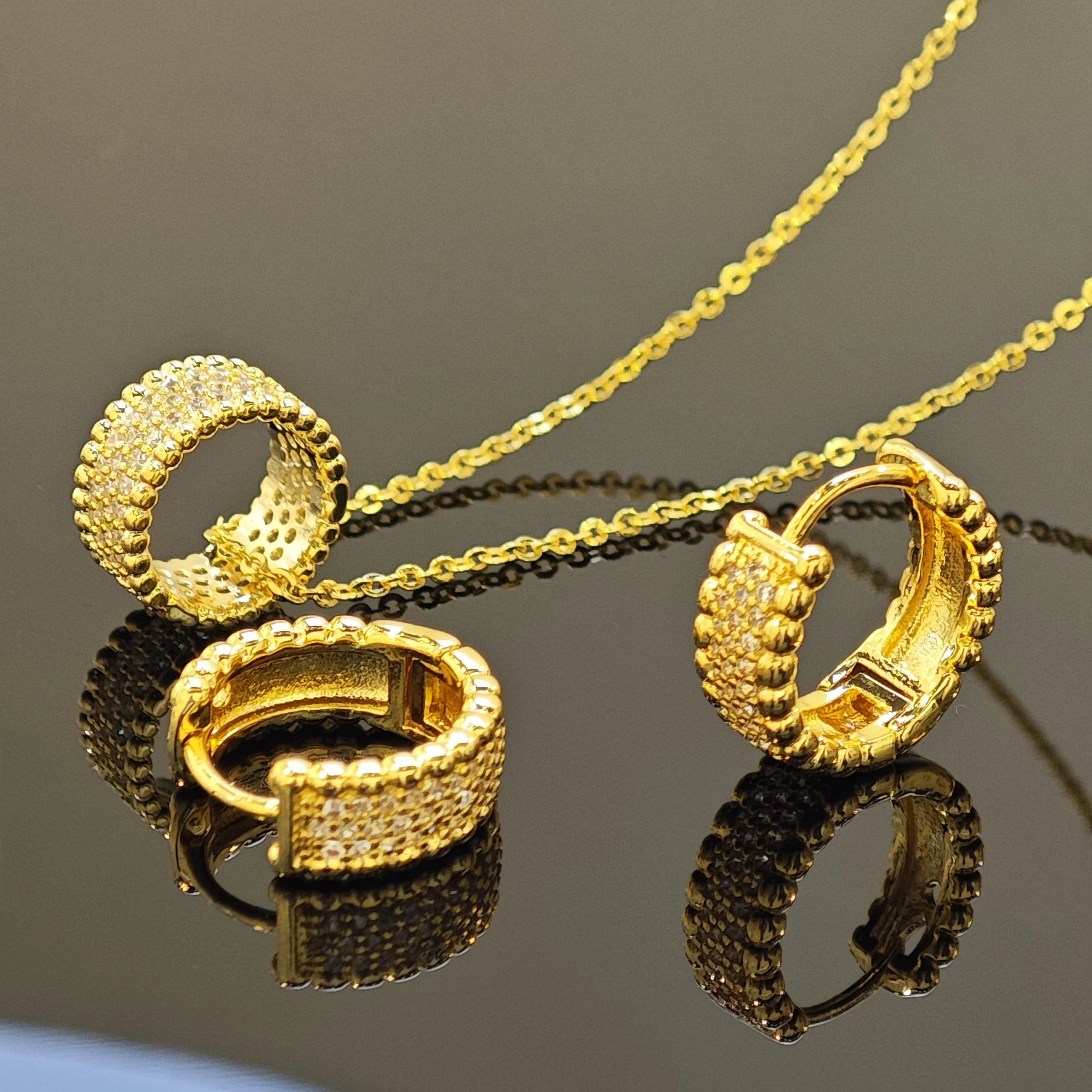Ilona 14kGold Plated Copper Pave CZ Circle Jewelry Set Dainty Round Pendant Necklace Huggie Hoop Earrings Minimalist Women Gift