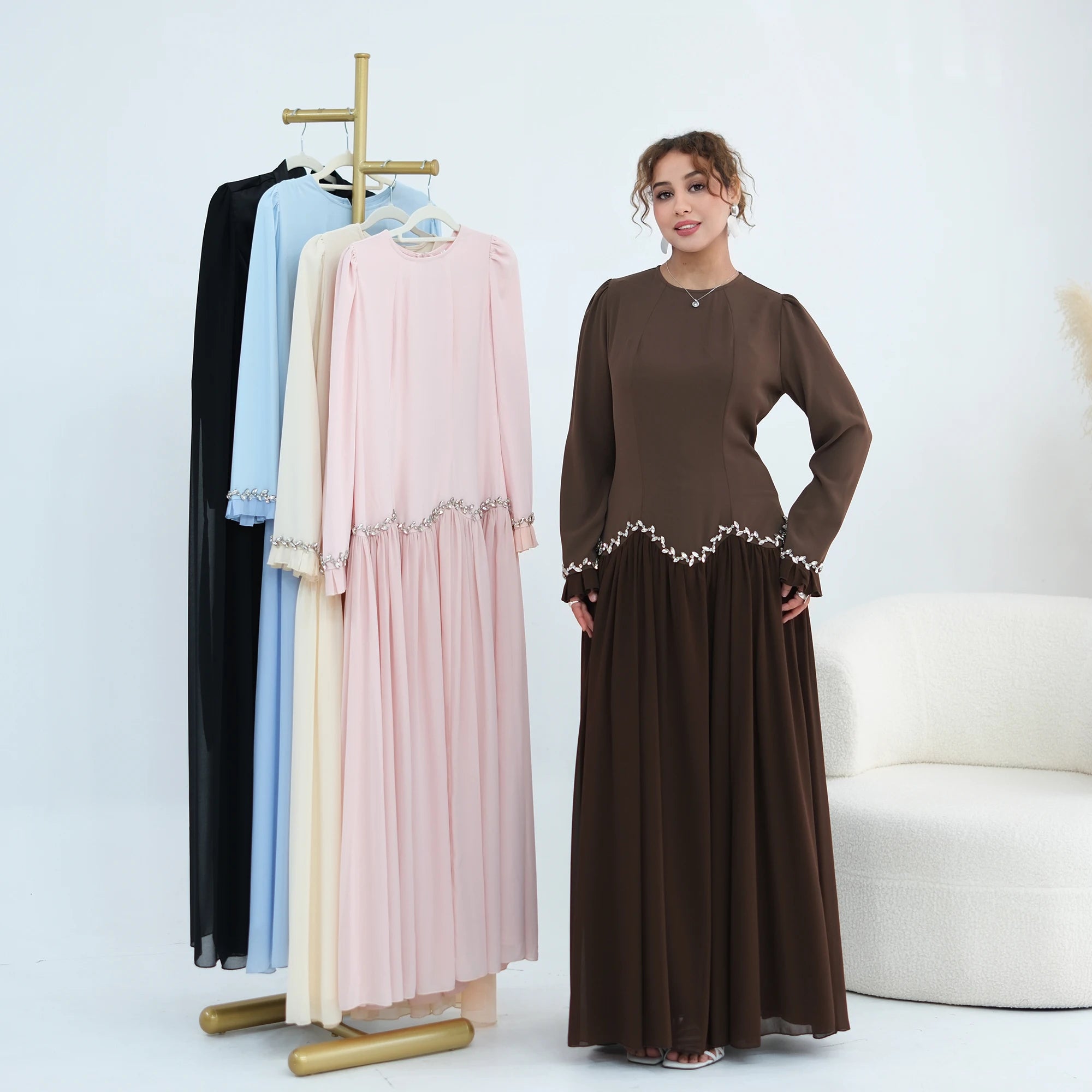 Loriya Elegant Chiffon Abaya Women Dress Rhinestone Trim Long Sleeve Maxi Dress Dubai Kaftan Abaya Muslim Evening Party Gown