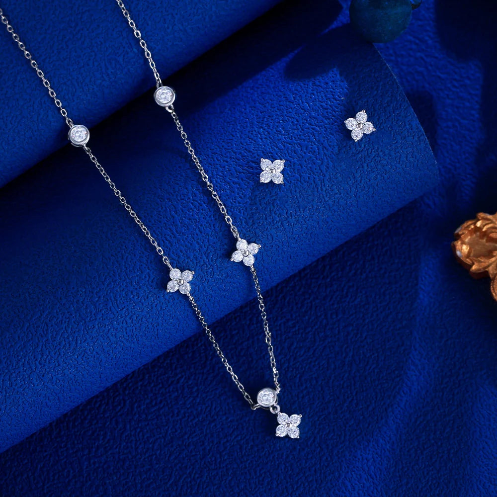 Classic S925 Sterling Silver Clover Cute Cubic Zircon Four Leaf Pendant Necklace and Earring for Woman Birthday Gift Jewelry Set