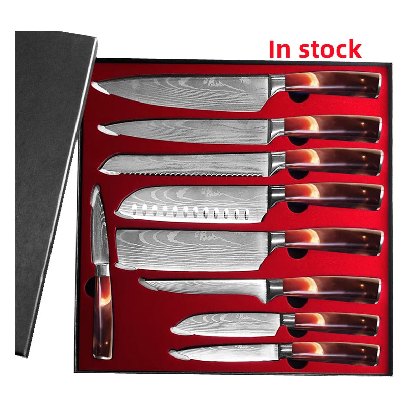 Damascus Pattern 7Cr17mov High Carbon Steel Fruit Carving Fish Fillet Cutter Kitchen Tools Cheap Wholesale Multi Chef Knife Set