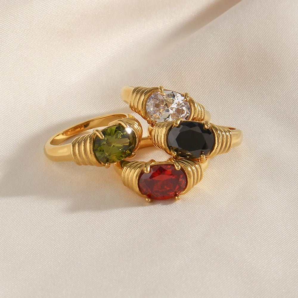 Cz Eternity Exquisite Wrinkled Elliptical Zircon Stainless Steel PVD 18K Gold Plated Wedding Ring