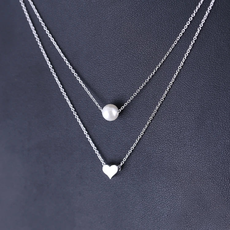 New Simple Sterling Silver Pearl Love Heart Necklace S925 Double Layer Pearl Necklace