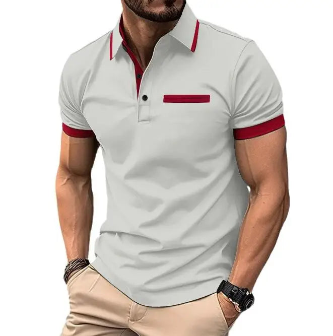 Summer Men's Casual Polo Shirt Chest Pocket Button Down Collar Business Stripe T-shirt Top