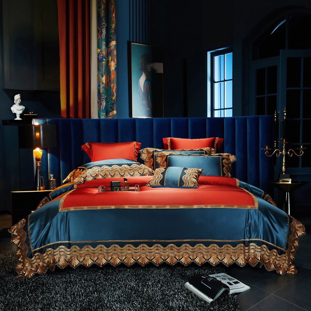Wholesale European Palace Style Silky Duvet Cover Orange Lace Egyptian Cotton Bed Sheet 4/6/7pc Bedding Set