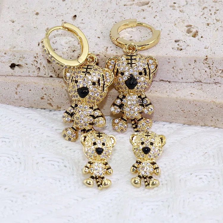 EC1814 Tiny Mini 18k Gold Plated CZ Diamond Tiger Stud Earrings - Dainty Minimalist Cubic Zirconia Animal Earrings