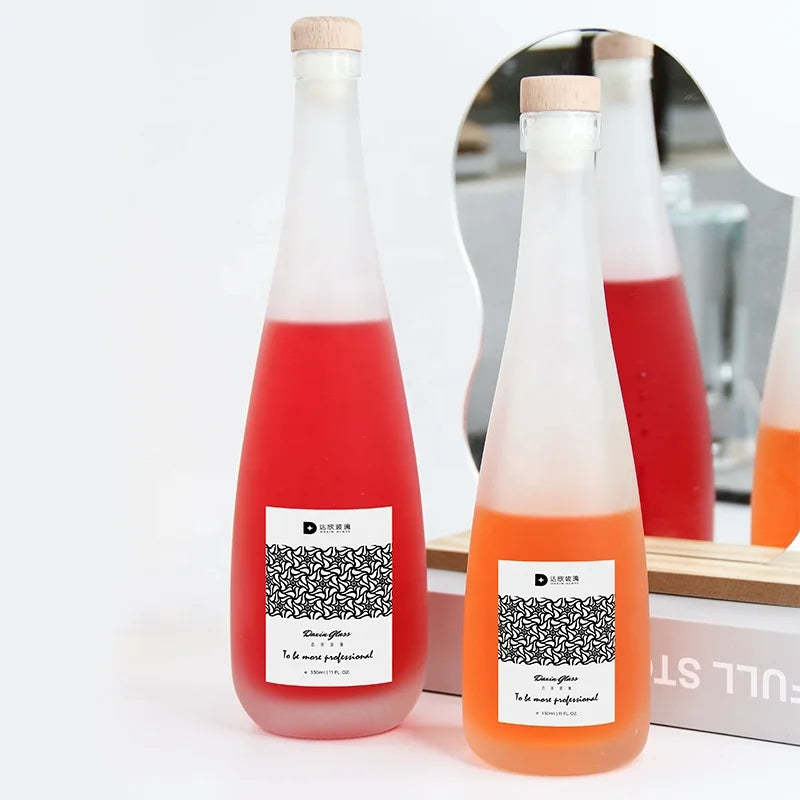 Thin Long Neck Frost 300ml 500ml Round Glass Beverage Bottles 16oz Empty Juice Glass Bottle with Sticker and Cap