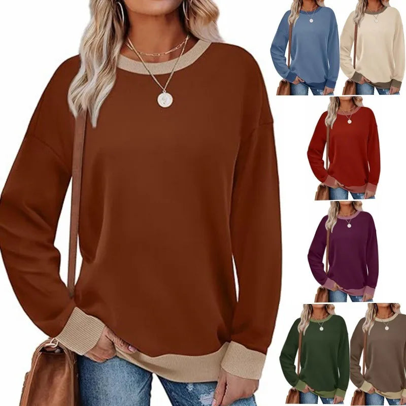 Women's Casual Fashion Pullover O-Neck Long Sleeve Loose Fit Breathable Knitted Tops with Color Block Ribbed Trim for Winter