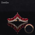 Fine Jewelry 18K Solid Gold Marquise Cut Lab Ruby V Band Ring
