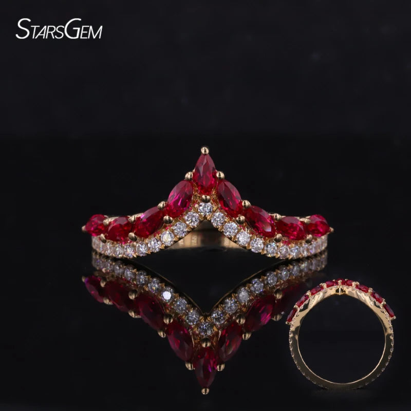Fine Jewelry 18K Solid Gold Marquise Cut Lab Ruby V Band Ring