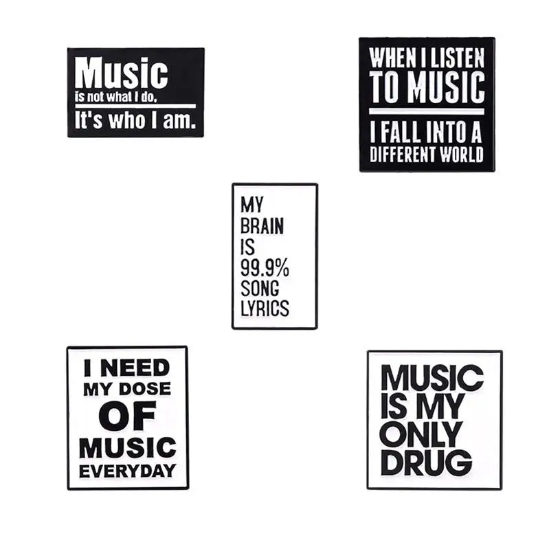 Music Slogan Brooch Lapel Pin for Music Lovers Wholesale Simple Black and White Music Pins Enamel