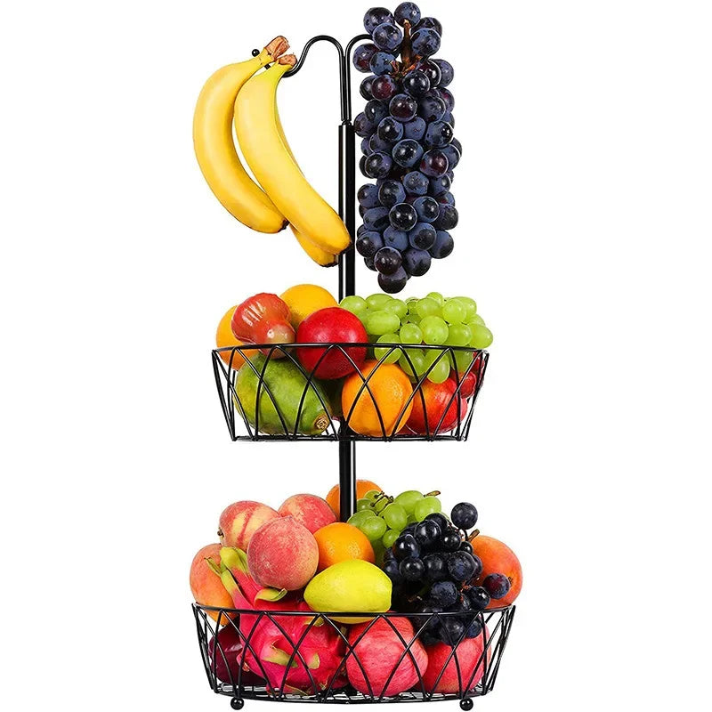 Hot Sell Eco-Friendly Multifunction Black Customizable Metal Wire Fruit Basket 2-Tier Storage for Vegetable Snacks and Food