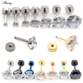 Alisouy Stainless Steel Unisex Women Men Girl Round Crystal Zircon Ear Studs Earrings 4 Prong Tragus Cartilage Piercing Jewelry