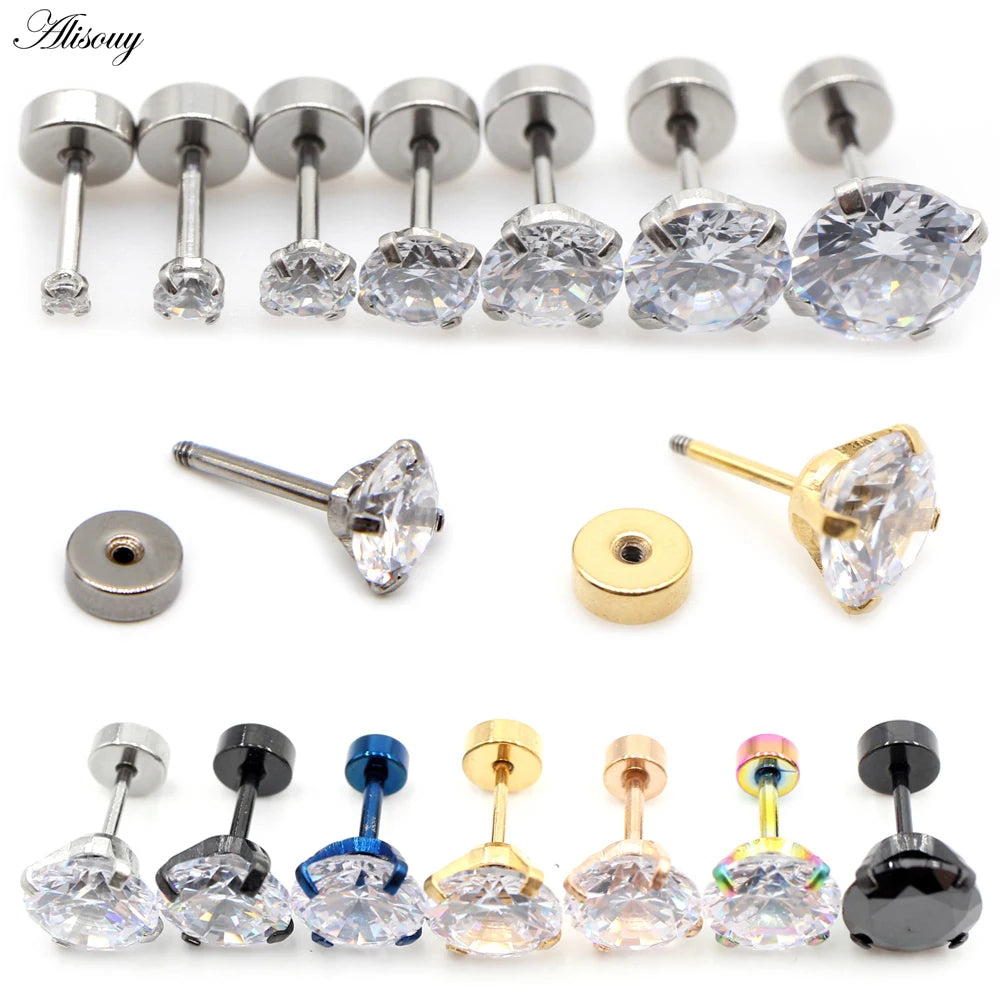 Alisouy Stainless Steel Unisex Women Men Girl Round Crystal Zircon Ear Studs Earrings 4 Prong Tragus Cartilage Piercing Jewelry