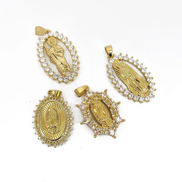 CZ8468 Hotsale Charm 18k Gold Plated Rainbow CZ Micro Paved Blessed Mother Mary Saint Halo Religious Pendants