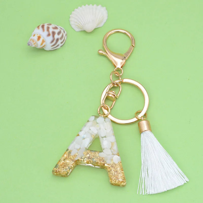 Hot Selling Cute Car Keychain White Tassel Keychain A-Z Letters Epoxy Resin Keychain