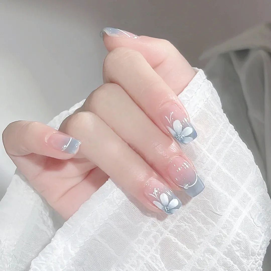 Temooi Wholesale 24Pcs ABS Finger Flower Elegant Short Square Round False Nails Press on With Nail Glue