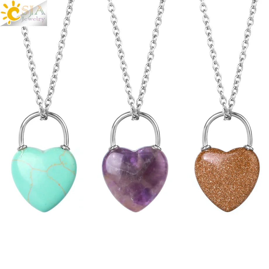 CSJA Wholesale Energy Healing Amethyst Tiger Eye Crystal Stone Heart Charm Pendant Necklace Quartz Jewellery H066