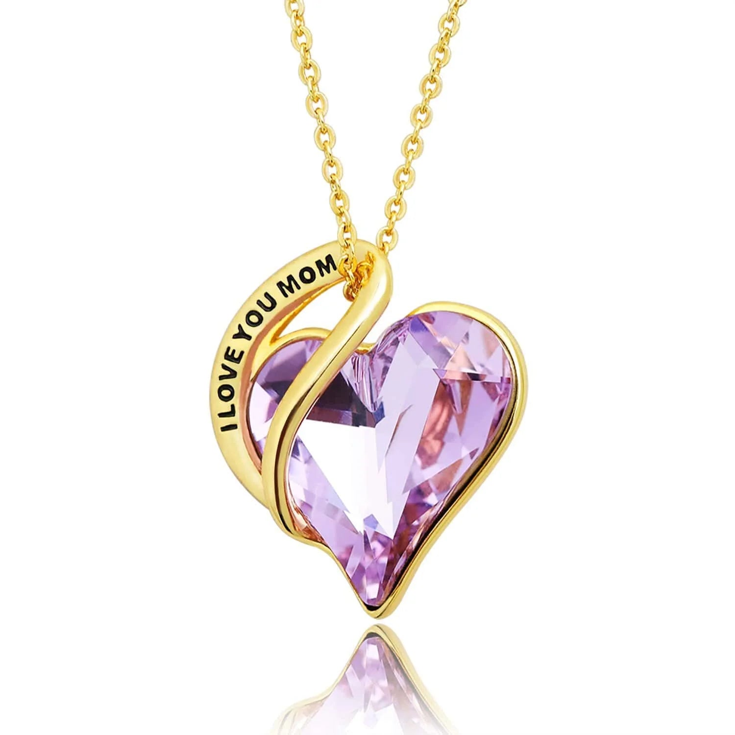 Stainless Steel "I Love You MOM" Necklace with Heart Shaped Crystal Trendy Link Chain for Mother's Day or Anniversary Gift