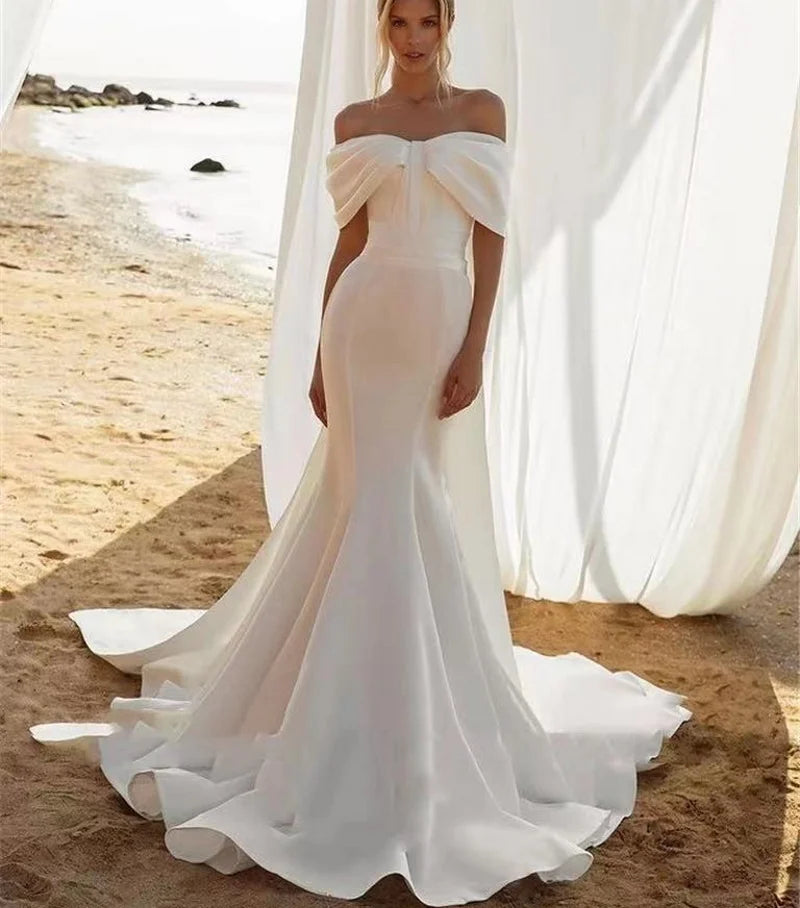 13021#Simple Off-Shoulder Elegant Mermaid Short Sleeve Strapless Wedding Dress Soft Satin Sexy Backless Sweep Train Bridal Gown