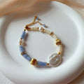 Blue Natural Stone Crystal Beaded Bracelet for Women Fashion Charm Bracelet with Baroque Freshwater Pearl Natural Look