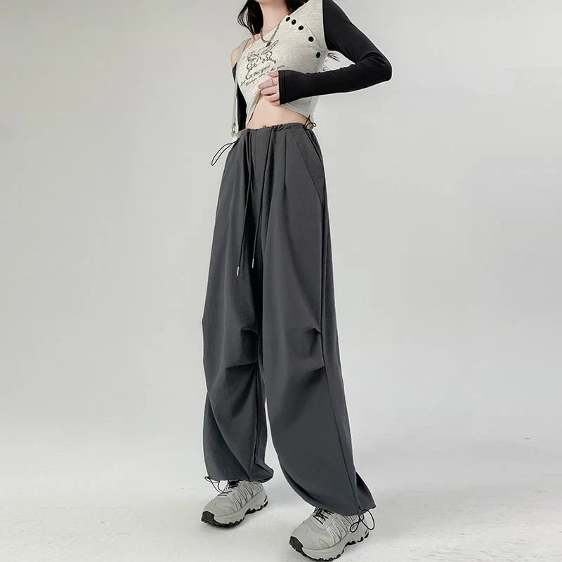 Wholesale High Waisted Women Ladies Casual Straight Trousers Drawstring Elastic Waist Cargo Pants Women