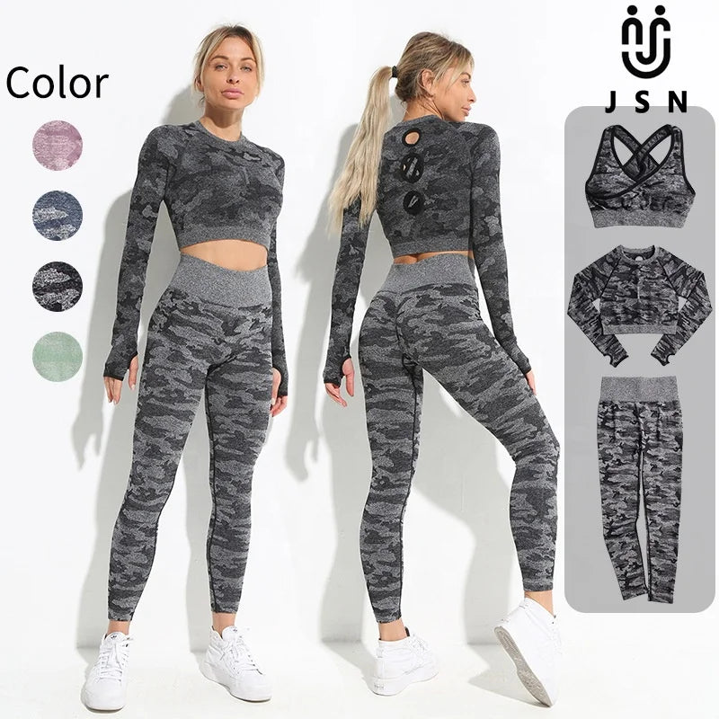JSN Customize 2023 New Yoga Sets  Fitness Yoga Wear Seamless Work Out Set for Women Camouflage 3pcs Yoga Set Women